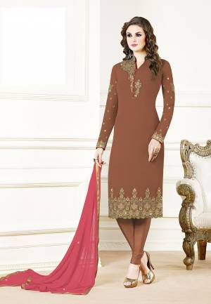 Grab This Beautiful Designer Straight Suit In Brown Color Paired With Pink Colored Dupatta. Its Top Is Fabricated On Georgette Paired With Santoon Bottom And Chiffon Dupatta. Its Fabric Is Light In Weight And Easy To Carry All Day Long. 