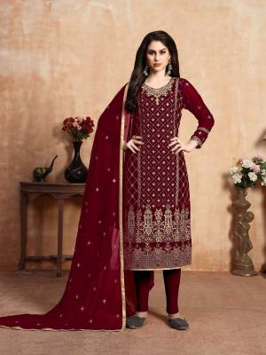 Grab This Simple And Elegant Yet Heavy Designer Straight Suit In Maroon Color. Its Heavy Embroidered Top Is Fabricated On Georgette Paired With Santoon Bottom And Georgette Fabricated Dupatta. All Its Fabrics Ensures Superb Comfort All Day Long. Buy Now.