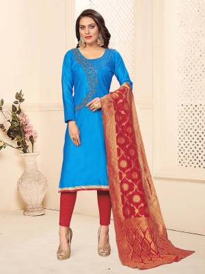If Those Readymade Suit Does Not Lend You The Desired Comfort, Than Grab This Dress Material In Blue And Red color And Get This Stitched As Per Your Desired Fit And Comfort. Its Top And Bottom are Cotton Based Paired With Banarasi Silk Dupatta. 