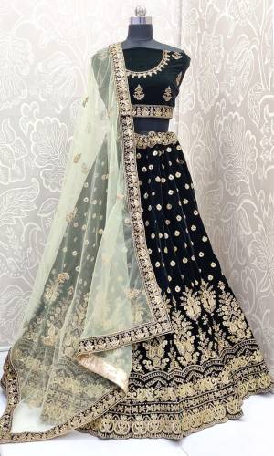 Get Ready For The Upcoming Wedding Season With This Heavy Designer Lehnega Choli In Dark Green Color Paired With Pastel Green Colored Dupatta. Its Blouse And Lehenga Are Fabricated on Velvet Paired With Net Fabricated Dupatta. It Has Lovely Heavy Detailed Embroidery Giving You An Attractive Look. 