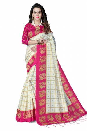 For A Royal Look, Grab This Designer Silk based Saree In White And Pink Color Paired With Pink Colored Blouse. This Saree And Blouse Are Fabricated On Art Silk Beautified With Weaved Lace Border. Buy This Pretty Elegant Saree Now