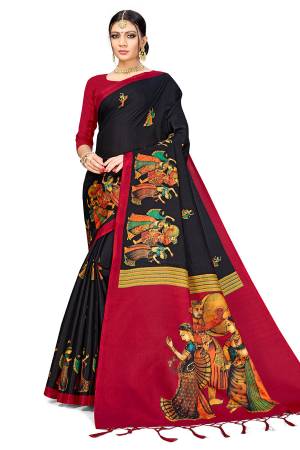 Celebrate This Festive Season With Beauty And Comfort Wearing This Designer Silk Based Saree In Black Color Paired With Red Colored Blouse. This Pretty Saree And Blouse Are Fabricated On Art Silk Beautified With Heavy Weaved Lace Border. Buy Now.