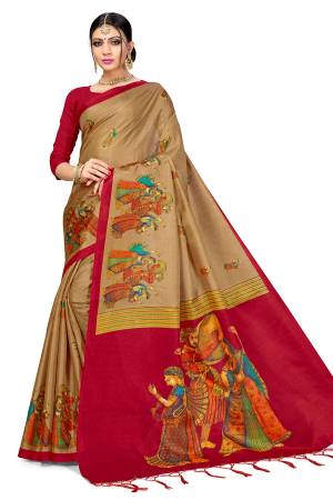 For A Royal Look, Grab This Designer Silk based Saree In Beige Color Paired With Red Colored Blouse. This Saree And Blouse Are Fabricated On Art Silk Beautified With Weaved Lace Border. Buy This Pretty Elegant Saree Now