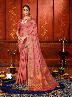 Adorn A Rich Look Wearing This Designer Saree In Pink Color Paired With Contrasting Orange Colored Blouse. This Saree and Blouse Are Fabricated On Art Silk Beautified With Attractive Weave. Buy Now.