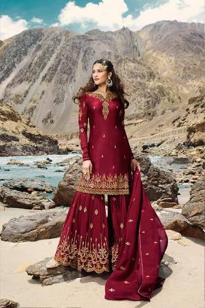 Grab This Very Pretty All Over Designer Sharara Suit In Red Color. Its Lovely Top, Bottom And Dupatta Are Fabricated On Georgette Beautified With Jari Embroidery And Stone Work. Buy Now.