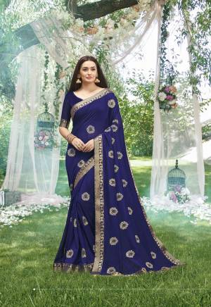 This Festive Season, Look The Most Elegant And Confident Of all Wearing This Designer Jari Embroidered Saree In Blue Highlighted With Stone Work, Also It Is Silk Based Which Gives A Rich Look To Your Personality. 