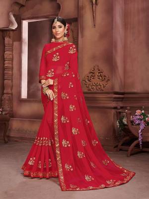 This Festive Season Look The Most Prettiest Of All Wearing This Designer Saree in Red Color. This Saree Is Fabricated On Chiffon Beautified With Elegant Embroidery. 