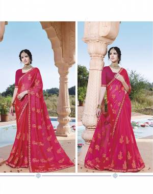 Shine Bright In This Designer Rani Pink Colored Saree Paired With Rani Pink Colored Blouse. This Saree Is Chinon Based Paired With Art Silk Fabricated Blouse. It Is Beautified With Tone To Tone Embroidery Work.