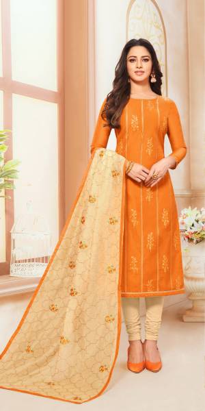 Get This Pretty Designer Semi-Stitched Suit In Orange Colored Top Paired With Cream Colored Bottom And Dupatta. Its Top And Dupatta Are Fabricated On Modal Silk Paired With Cotton Based Bottom. Buy Now.
