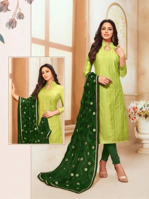 For Your Semi-Casual Wear, Grab This Designer Straight Suit In Light Green Colored Top Paired With Dark Green Colored Bottom And Dupatta. Its Embroidered Top Is Fabricated On Modal Silk Paired Cotton Bottom And Chiffon Fabricated Embroidered Dupatta.