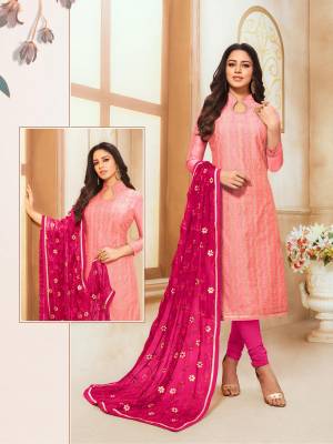 For Your Semi-Casual Wear, Grab This Designer Straight Suit In Light Pink Colored Top Paired With Rani Pink Colored Bottom And Dupatta. Its Embroidered Top Is Fabricated On Modal Silk Paired Cotton Bottom And Chiffon Fabricated Embroidered Dupatta.