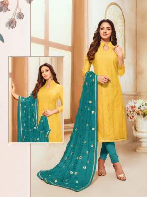 For Your Semi-Casual Wear, Grab This Designer Straight Suit In Yellow Colored Top Paired With Blue Colored Bottom And Dupatta. Its Embroidered Top Is Fabricated On Modal Silk Paired Cotton Bottom And Chiffon Fabricated Embroidered Dupatta.