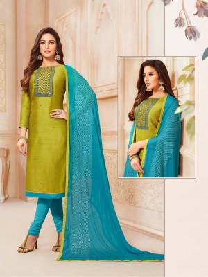 Simple And Elegant Looking Straight Suit Is Here In Pear Green Colored Top Paired With Contrasting Blue Colored Bottom And Dupatta. Its Top Is Fabricated On South Cotton Paired With Cotton Bottom And Chiffon Fabricated Dupatta. 