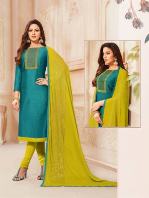 Simple And Elegant Looking Straight Suit Is Here In Blue Colored Top Paired With Contrasting Pear Green Colored Bottom And Dupatta. Its Top Is Fabricated On South Cotton Paired With Cotton Bottom And Chiffon Fabricated Dupatta. 