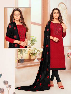 For Your Semi-Casual Wear, Grab This Designer Straight Suit In Red Colored Top Paired With Black Colored Bottom And Dupatta. Its Embroidered Top Is Fabricated On South Cotton Paired Cotton Bottom And Chiffon Fabricated Embroidered Dupatta.