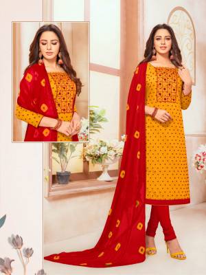 For Your Semi-Casual Wear, Grab This Designer Straight Suit In Musturd Yellow Colored Top Paired With Red Colored Bottom And Dupatta. Its Embroidered Top Is Fabricated On South Cotton Paired Cotton Bottom And Chiffon Fabricated Embroidered Dupatta.
