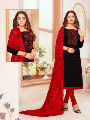 For Your Semi-Casual Wear, Grab This Designer Straight Suit In Black Colored Top Paired With Red Colored Bottom And Dupatta. Its Embroidered Top Is Fabricated On South Cotton Paired Cotton Bottom And Chiffon Fabricated Embroidered Dupatta.