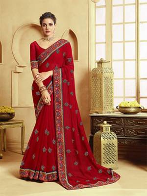 Catch All The Limelight At The Next Function You Attend Wearing This Pretty Designer Saree In Red Color. This Lovely Saree Is Fabricated On Georgette Paired With Art Silk Fabricated Blouse. It Is Beautified With Multi Colored Thread Work Givng An Attractive Look. Buy Now.