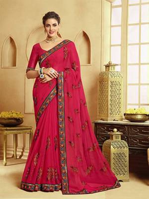 Catch All The Limelight At The Next Function You Attend Wearing This Pretty Designer Saree In Rani Pink Color. This Lovely Saree Is Fabricated On Georgette Paired With Art Silk Fabricated Blouse. It Is Beautified With Multi Colored Thread Work Givng An Attractive Look. Buy Now.