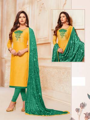 Grab This Simple And Elegant Looking Designer Straight Suit In Yellow Colored Top Paired With Green Colored Bottom And Dupatta. Its Top Is Fabricated On South Cotton Paired With Cotton Bottom And Chiffon Fabricated Dupatta. 