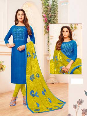 Add This Designer Straight Suit To Your Wardrobe In Blue Colored Top Paired With Contrasting Pear Green Colored Bottom And Dupatta. Its Top and Bottom are Cotton Based Paired With Chiffon Fabricated Dupatta. 