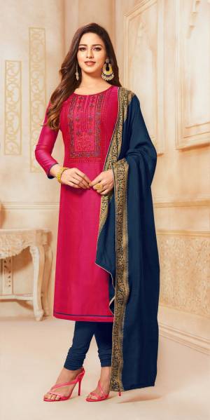 For Your Semi-Casual Wear, Grab This Lovely Straight Suit In Dark Pink Color Paired With Navy Blue  Colored Bottom And Dupatta. Its Top Is Fabricated On South Cotton Paired With Cotton Bottom And Jacquard Silk Fabricated Dupatta. Buy Now.