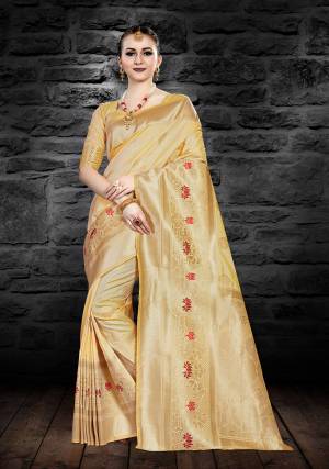 Simple And Elegant Looking Saree Is Here In Light Yellow Color Paired With Same Blouse. This Saree And Blouse Are Fabricated On Art Silk Beautified With Weave All Over. 