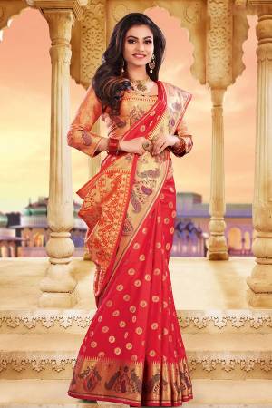 Celebrate This Festive Season With Beauty And Comfort Wearing This Pretty Silk Based Saree In Red Color Paired With Contrasting Golden Colored Blouse. This Saree And Blouse Are Fabricated On Art Silk Beautified With Weave.