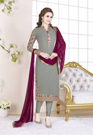 Celebrate This Festive Season With Beauty And Comfort Wearing This Designer Straight Suit In Grey Color Paired With Magenta Pink Colored Dupatta. Its Top Is Fabricated on Georgette Paired With Santoon Bottom And Chiffon Fabricated Dupatta. All Its Fabrics Are Light Weight And Ensures Superb Comfort All Day Long.