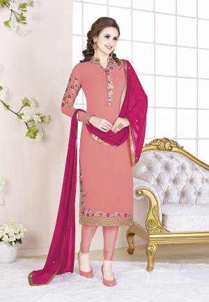 Celebrate This Festive Season With Beauty And Comfort Wearing This Designer Straight Suit In Dark Peach Color Paired With Dark Pink Colored Dupatta. Its Top Is Fabricated on Georgette Paired With Santoon Bottom And Chiffon Fabricated Dupatta. All Its Fabrics Are Light Weight And Ensures Superb Comfort All Day Long.
