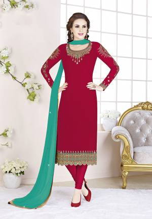 Celebrate This Festive Season With Beauty And Comfort Wearing This Designer Straight Suit In Red Color Paired With Turquoise Blue Colored Dupatta. Its Top Is Fabricated on Georgette Paired With Santoon Bottom And Chiffon Fabricated Dupatta. All Its Fabrics Are Light Weight And Ensures Superb Comfort All Day Long.