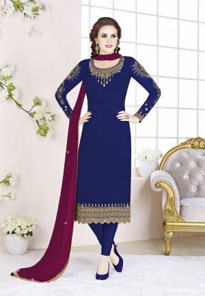Add This Beautiful Designer Straight Suit To Your Wardrobe In Royal Blue Color Paired With Magenta Pink Colored Dupatta. Its Top Is Fabricated On Georgette Paired With Santoon Bottom And Chiffon Dupatta. Its Fabric Is Light In Weight And Easy To Carry All Day Long