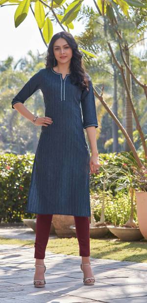 Here Is A Pretty Simple And Elegant Straight Kurti In Blue Color For Your Casual Or Semi-Casual Wear. It Is Fabricated On South Cotton And You Can Pair This Up With Leggings, Plazzo Or Pants. This Readymade Kurti Is Available In All Regular Sizes. 