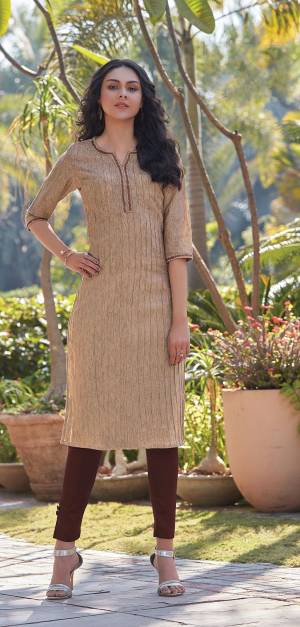 Here Is A Pretty Simple And Elegant Straight Kurti In Beige Color For Your Casual Or Semi-Casual Wear. It Is Fabricated On South Cotton And You Can Pair This Up With Leggings, Plazzo Or Pants. This Readymade Kurti Is Available In All Regular Sizes. 