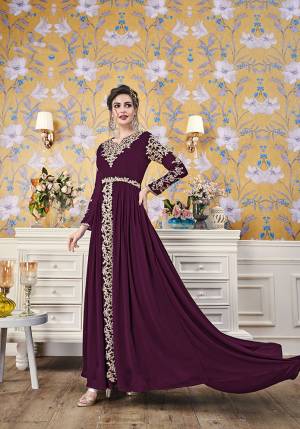Here Is A New And Unique Patterned Designer Readymade Gown In Wine Color. This Pretty Gown Is Fabricated On Georgette Beautiufied With Attractive Detailed Embroidery. You Will Definitely Earn Lots Of Compliments In This Lovely Patterned Designer Gown.
