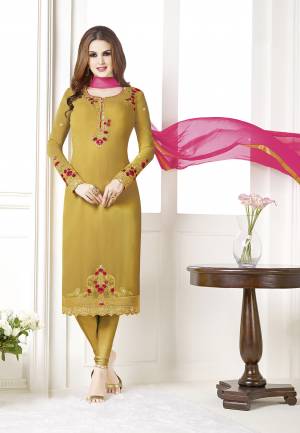 Add This Beautiful Designer Straight Suit To Your Wardrobe In Musturd Yellow Color Paired With Dark Pink Colored Dupatta. Its Top Is Fabricated On Georgette Paired With Santoon Bottom And Chiffon Dupatta. Its Fabric Is Light In Weight And Easy To Carry All Day Long.