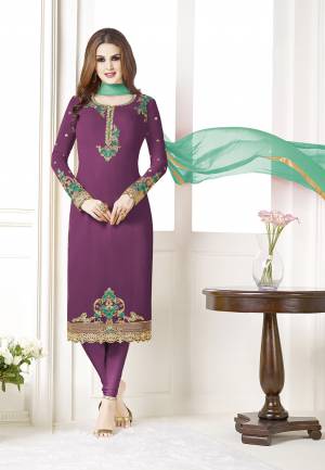 Add This Beautiful Designer Straight Suit To Your Wardrobe In Purple Color Paired With Sea Green Colored Dupatta. Its Top Is Fabricated On Georgette Paired With Santoon Bottom And Chiffon Dupatta. Its Fabric Is Light In Weight And Easy To Carry All Day Long.