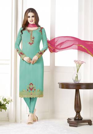 Add This Beautiful Designer Straight Suit To Your Wardrobe In Sky Blue Color Paired With Dark Pink Colored Dupatta. Its Top Is Fabricated On Georgette Paired With Santoon Bottom And Chiffon Dupatta. Its Fabric Is Light In Weight And Easy To Carry All Day Long.