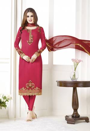 Add This Beautiful Designer Straight Suit To Your Wardrobe In Dark Pink Color Paired With Maroon Colored Dupatta. Its Top Is Fabricated On Georgette Paired With Santoon Bottom And Chiffon Dupatta. Its Fabric Is Light In Weight And Easy To Carry All Day Long.