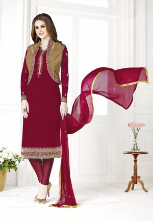 Celebrate This Festive Season With Beauty And Comfort Wearing This Designer Koti Patterned Straight Suit In Maroon & Golden Color. Its Top Is Fabricated on Georgette Paired With Santoon Bottom And Chiffon Fabricated Dupatta. All Its Fabrics Are Light Weight And Ensures Superb Comfort All Day Long.