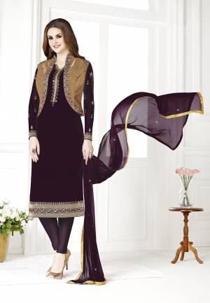 Celebrate This Festive Season With Beauty And Comfort Wearing This Designer Koti Patterned Straight Suit In Dark Puple & Golden Color. Its Top Is Fabricated on Georgette Paired With Santoon Bottom And Chiffon Fabricated Dupatta. All Its Fabrics Are Light Weight And Ensures Superb Comfort All Day Long.