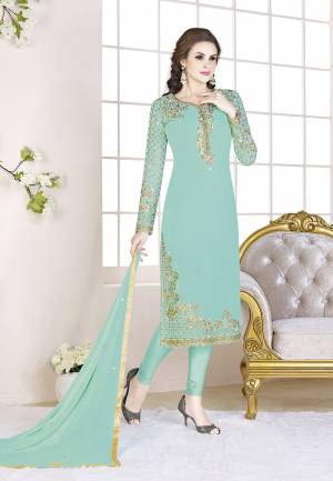 Add This Beautiful Designer Straight Suit To Your Wardrobe In All Over Sky Blue Color. Its Top Is Fabricated On Georgette Paired With Santoon Bottom And Chiffon Dupatta. Its Fabric Is Light In Weight And Easy To Carry All Day Long.