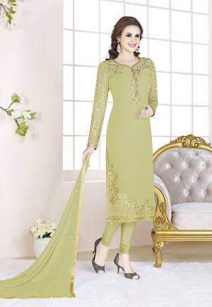 Add This Beautiful Designer Straight Suit To Your Wardrobe In All Over Pastel Green Color. Its Top Is Fabricated On Georgette Paired With Santoon Bottom And Chiffon Dupatta. Its Fabric Is Light In Weight And Easy To Carry All Day Long.