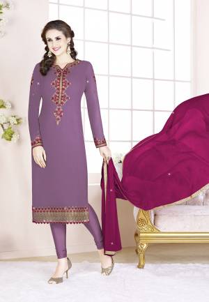 Celebrate This Festive Season With Beauty And Comfort Wearing This Designer Straight Suit In Purple Color Paired With Magenta Pink Colored Dupatta. Its Top Is Fabricated on Georgette Paired With Santoon Bottom And Chiffon Fabricated Dupatta. All Its Fabrics Are Light Weight And Ensures Superb Comfort All Day Long.