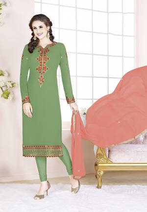 Celebrate This Festive Season With Beauty And Comfort Wearing This Designer Straight Suit In Green Color Paired With Peach Colored Dupatta. Its Top Is Fabricated on Georgette Paired With Santoon Bottom And Chiffon Fabricated Dupatta. All Its Fabrics Are Light Weight And Ensures Superb Comfort All Day Long.