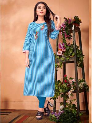 For Your Semi-Casual Wear, Grab This Designer Readymade Straight Kurti In Blue Color Fabricated On Cotton. It Has Striped Prints With Pretty Embroidered Thread Work.