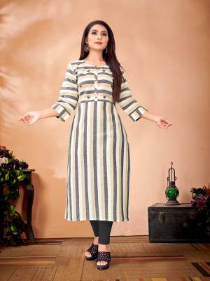 For Your Semi-Casual Wear, Grab This Designer Readymade Straight Kurti In White & Grey Color Fabricated On Cotton. It Has Striped Prints With Pretty Embroidered Thread Work.