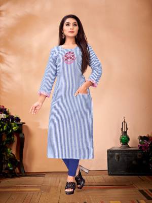 For Your Semi-Casual Wear, Grab This Designer Readymade Straight Kurti In Blue And White Color Fabricated On Cotton. It Has Striped Prints With Pretty Embroidered Thread Work.