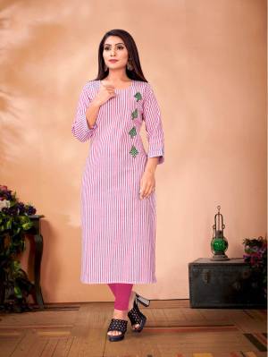 Here Is A Very Pretty Designer Readymade Kurti In Pink & White Color Fabricated On Cotton. It Is Beautified With Striped Prints And Thread Work. 