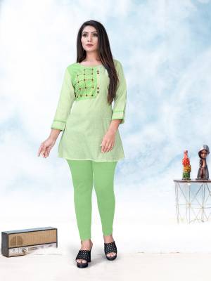Here Is A Readymade Short Kurti For Your Casual Wear In Light Green Color. This Pretty Kurti Is Fabricated On Cotton Beautified With Thread Work. It Is Light Weight And Ensures Superb Comfort All Day Long. 